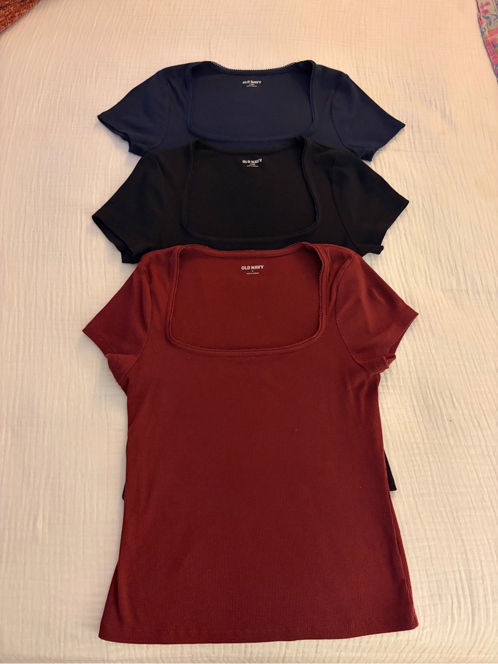 Old Navy Women's Short-Sleeve Square Neck Ribbed Tops - Navy, Black, Burgundy